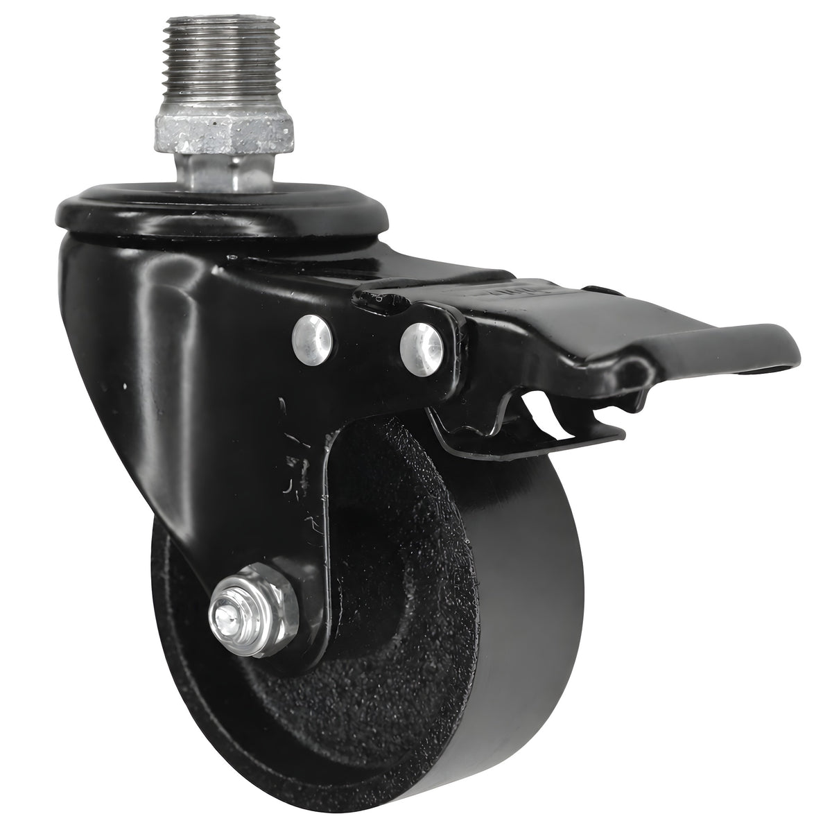 Rodízio industrial preto com travão e roda em ferro fundido de 75 mm, 1/2'' (15x21mm) macho, acessório em ferro fundido galvanizado
