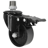Rodízio industrial preto com travão e roda em ferro fundido de 75 mm, 1/2'' (15x21mm) macho, acessório em ferro fundido galvanizado
