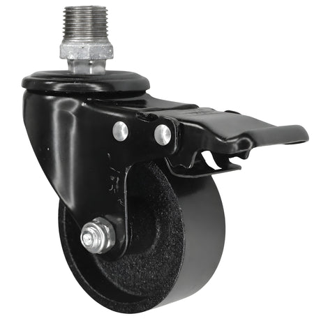 Rodízio industrial preto com travão e roda em ferro fundido de 75 mm, 1/2'' (15x21mm) macho, acessório em ferro fundido galvanizado