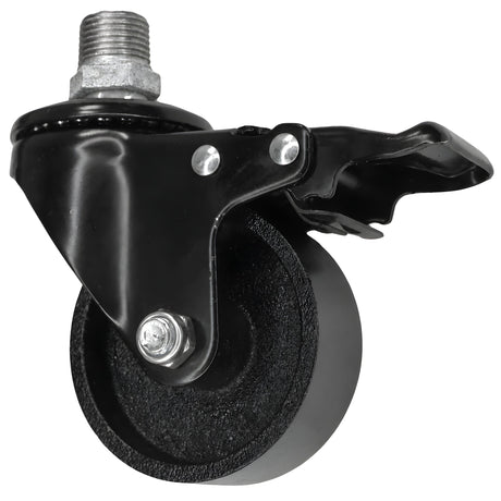 Rodízio industrial preto com travão e roda em ferro fundido de 75 mm, rosca macho, acessório em ferro fundido galvanizado