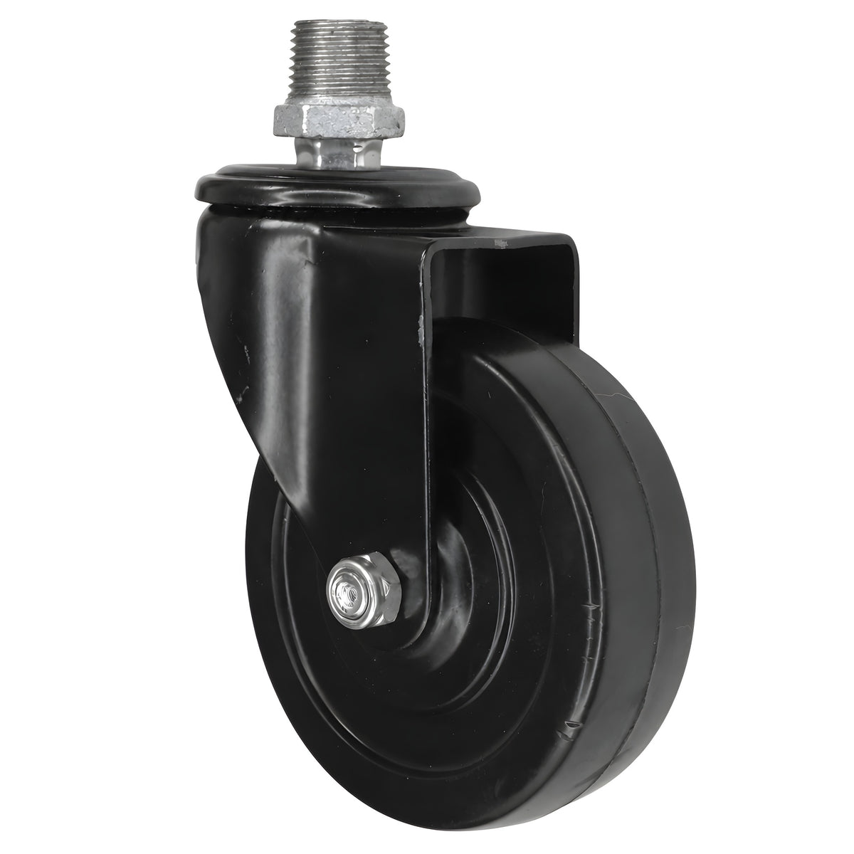 Rodízio giratório industrial preto com roda em borracha de 100 mm, 1/2'' (15x21mm) macho, acessório em ferro fundido galvanizado