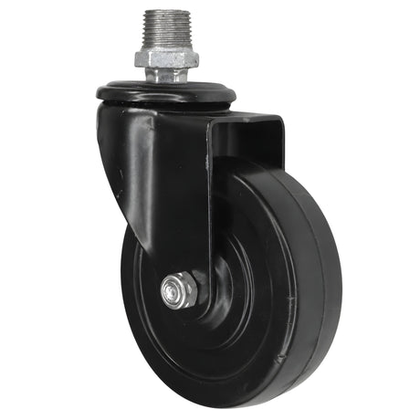 Rodízio giratório industrial preto com roda em borracha de 100 mm, 1/2'' (15x21mm) macho, acessório em ferro fundido galvanizado