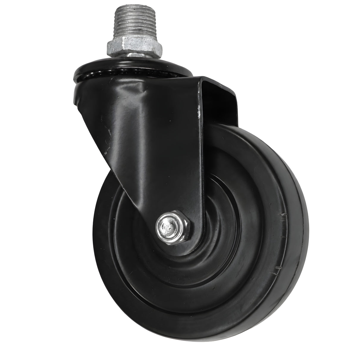 Rodízio giratório industrial preto com roda em borracha de 100 mm, rosca macho, acessório em ferro fundido galvanizado