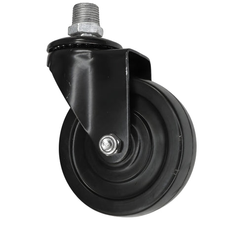 Rodízio giratório industrial preto com roda em borracha de 100 mm, rosca macho, acessório em ferro fundido galvanizado