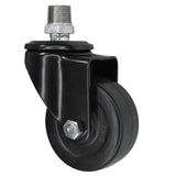 Rodízio giratório industrial preto com roda em borracha de 75 mm, rosca macho, acessório em ferro fundido galvanizado