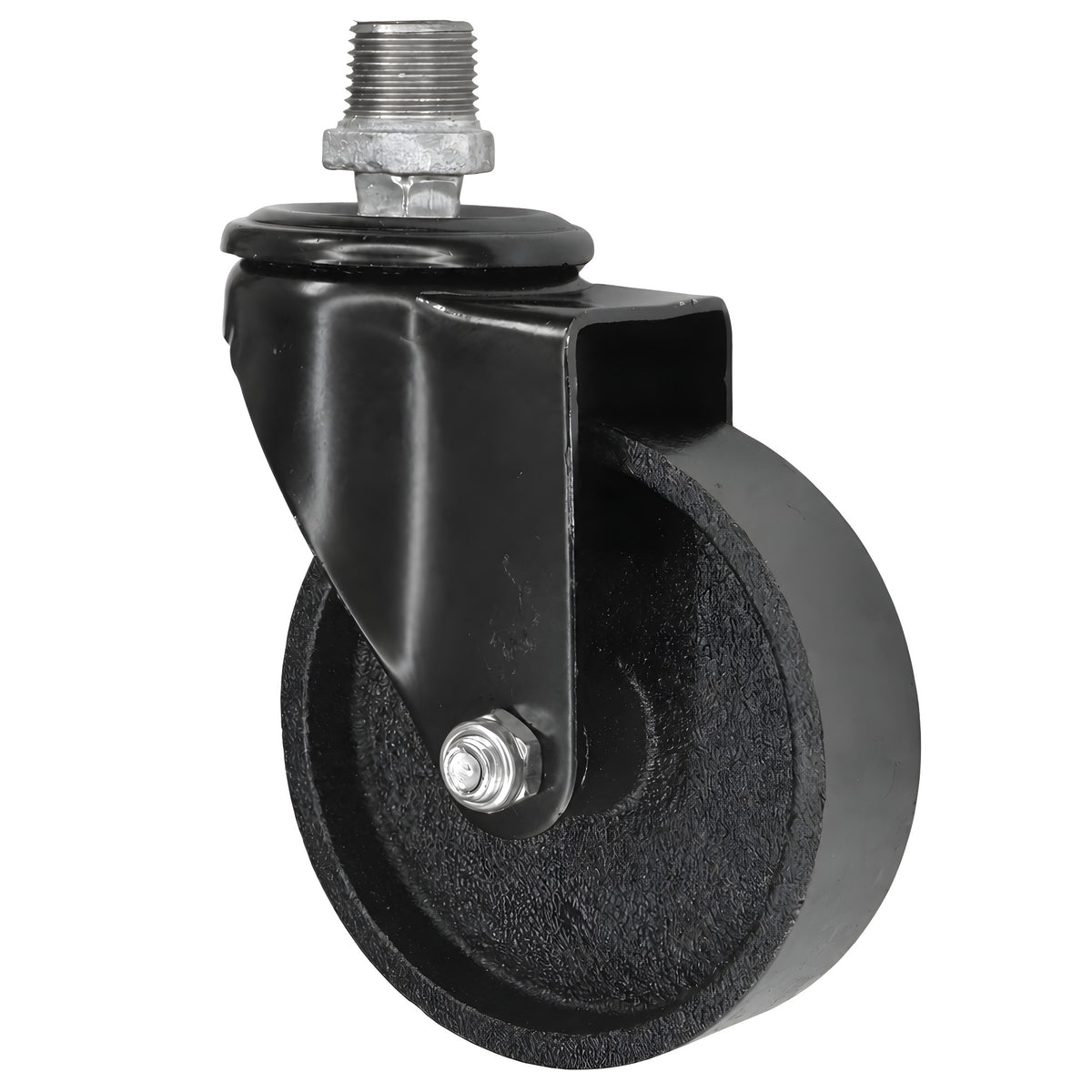 Rodízio giratório industrial preto com roda em ferro fundido de 100 mm, 1/2'' (15x21mm) macho, acessório em ferro fundido galvanizado