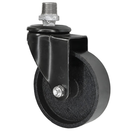 Rodízio giratório industrial preto com roda em ferro fundido de 100 mm, 1/2'' (15x21mm) macho, acessório em ferro fundido galvanizado