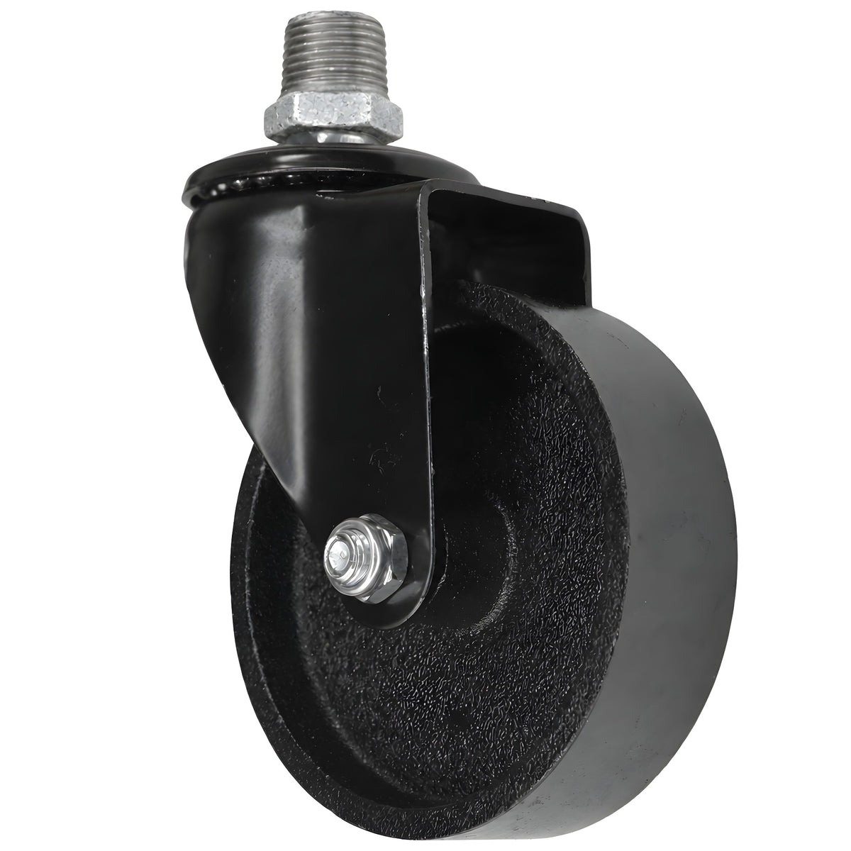 Rodízio giratório industrial preto com roda em ferro fundido de 100 mm, rosca macho, acessório em ferro fundido galvanizado