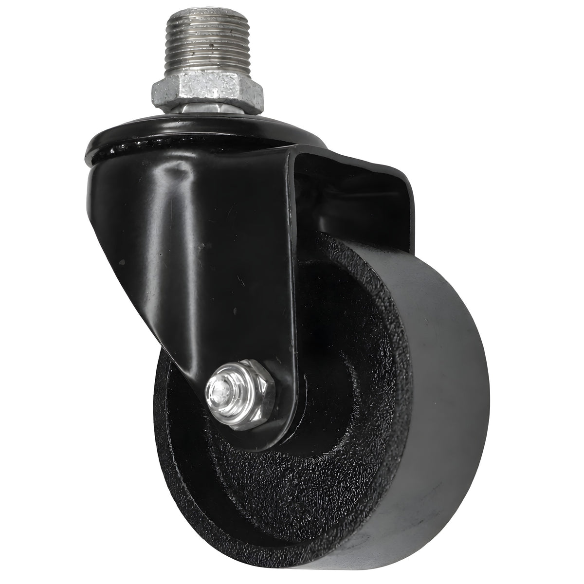 Rodízio giratório industrial preto com roda em ferro fundido de 75 mm, rosca macho, acessório em ferro fundido galvanizado