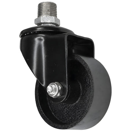 Rodízio giratório industrial preto com roda em ferro fundido de 75 mm, rosca macho, acessório em ferro fundido galvanizado