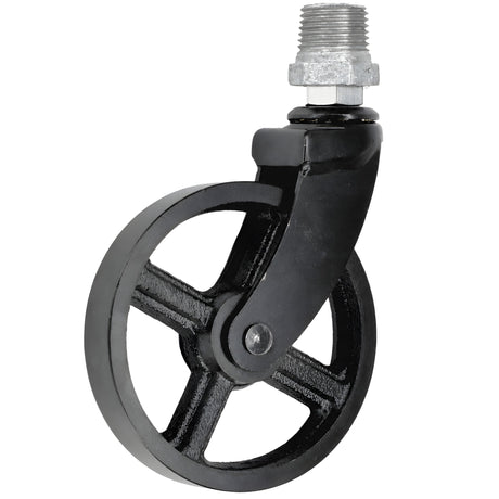 Rodízio giratório industrial preto com roda em metal de 90 mm, 1/2'' (15x21mm) macho, acessório em ferro fundido galvanizado
