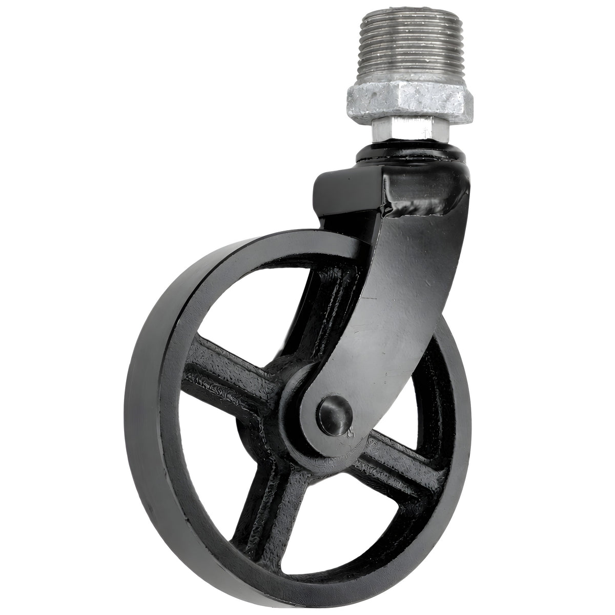 Rodízio giratório industrial preto com roda em metal de 90 mm, rosca macho, acessório em ferro fundido galvanizado
