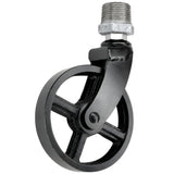 Rodízio giratório industrial preto com roda em metal de 90 mm, rosca macho, acessório em ferro fundido galvanizado