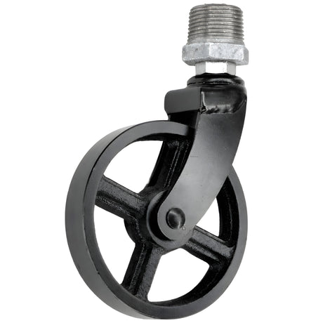 Rodízio giratório industrial preto com roda em metal de 90 mm, rosca macho, acessório em ferro fundido galvanizado