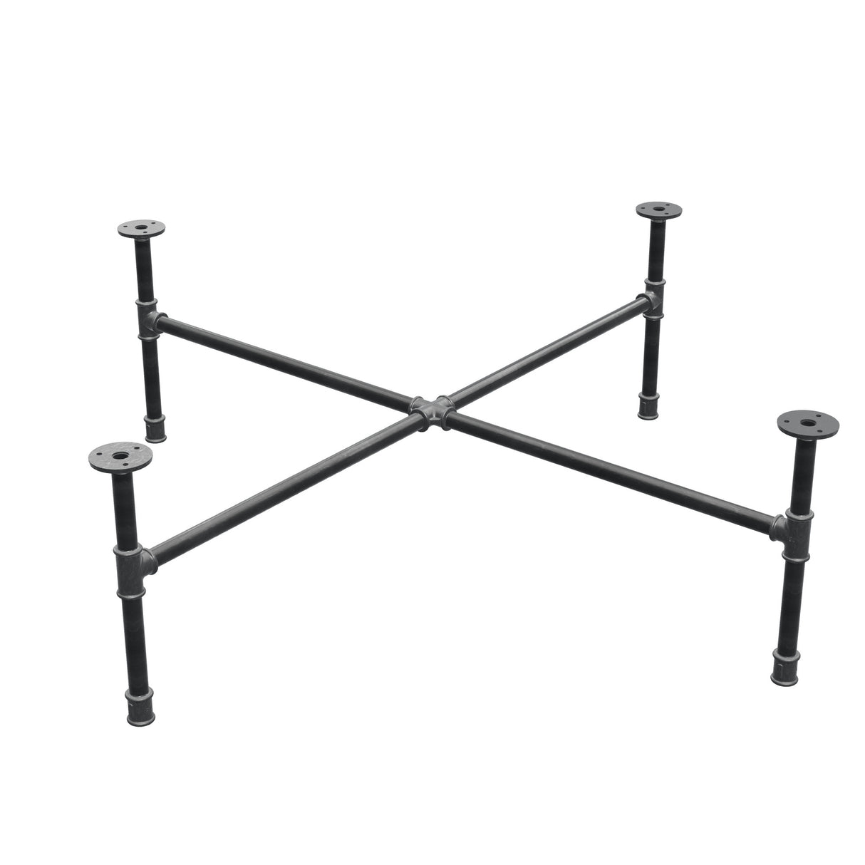 Base de mesa de centro industrial em ferro fundido, pés em cruz, 108 × 108 cm, altura 32 cm, vista de três quartos