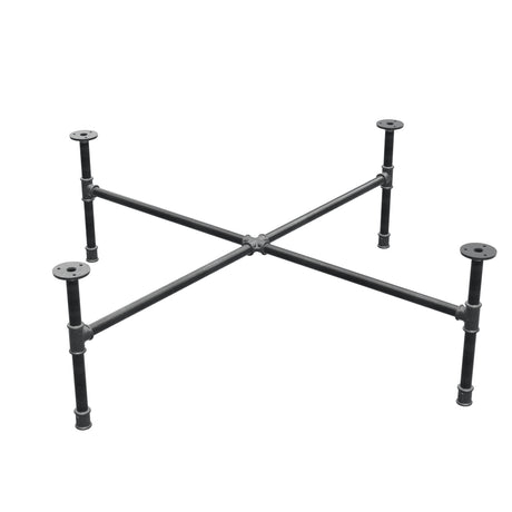 Base de mesa de centro industrial em ferro fundido, pés em cruz, 108 × 108 cm, altura 32 cm, vista de três quartos