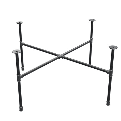 Base de mesa de centro industrial em ferro fundido, pés em cruz, 108 × 108 cm, altura 52 cm, vista de três quartos