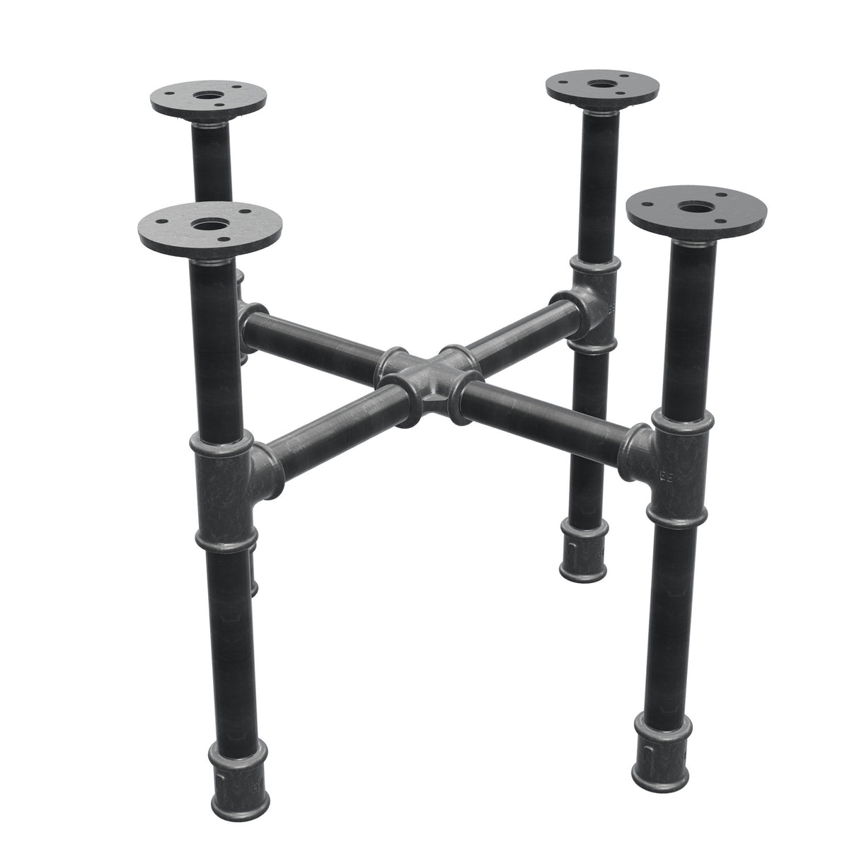 Base de mesa de centro industrial em ferro fundido, pés em cruz, 38 × 38 cm, altura 32 cm, vista de três quartos