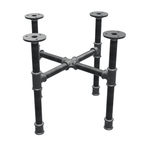 Base de mesa de centro industrial em ferro fundido, pés em cruz, 38 × 38 cm, altura 32 cm, vista de três quartos