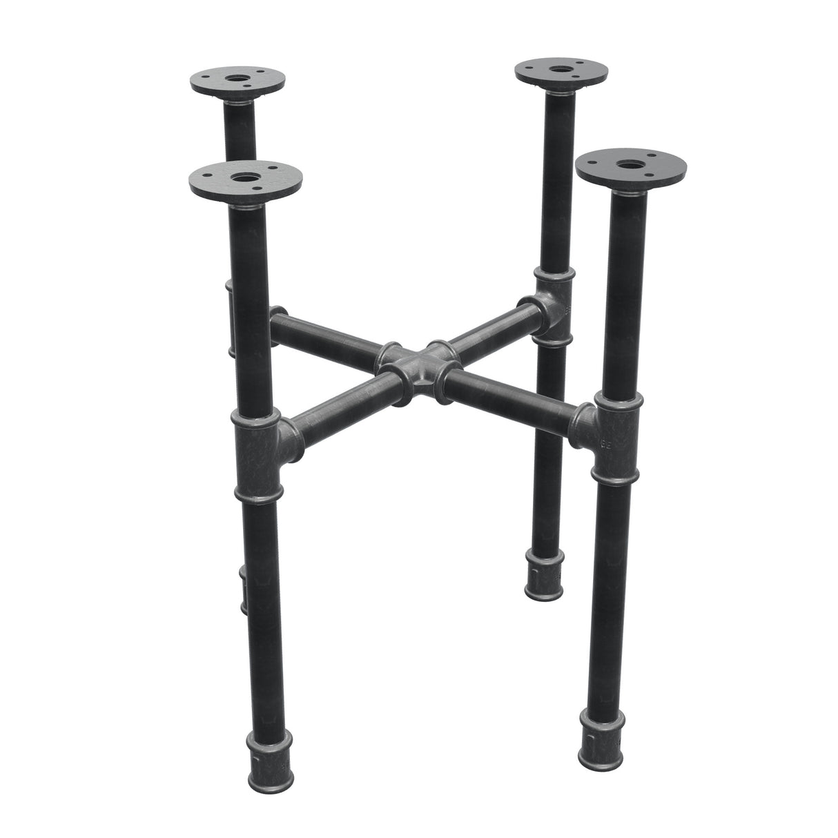 Base de mesa de centro industrial em ferro fundido, pés em cruz, 38 × 38 cm, altura 42 cm, vista de três quartos