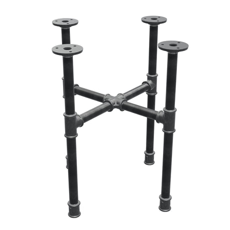 Base de mesa de centro industrial em ferro fundido, pés em cruz, 38 × 38 cm, altura 42 cm, vista de três quartos