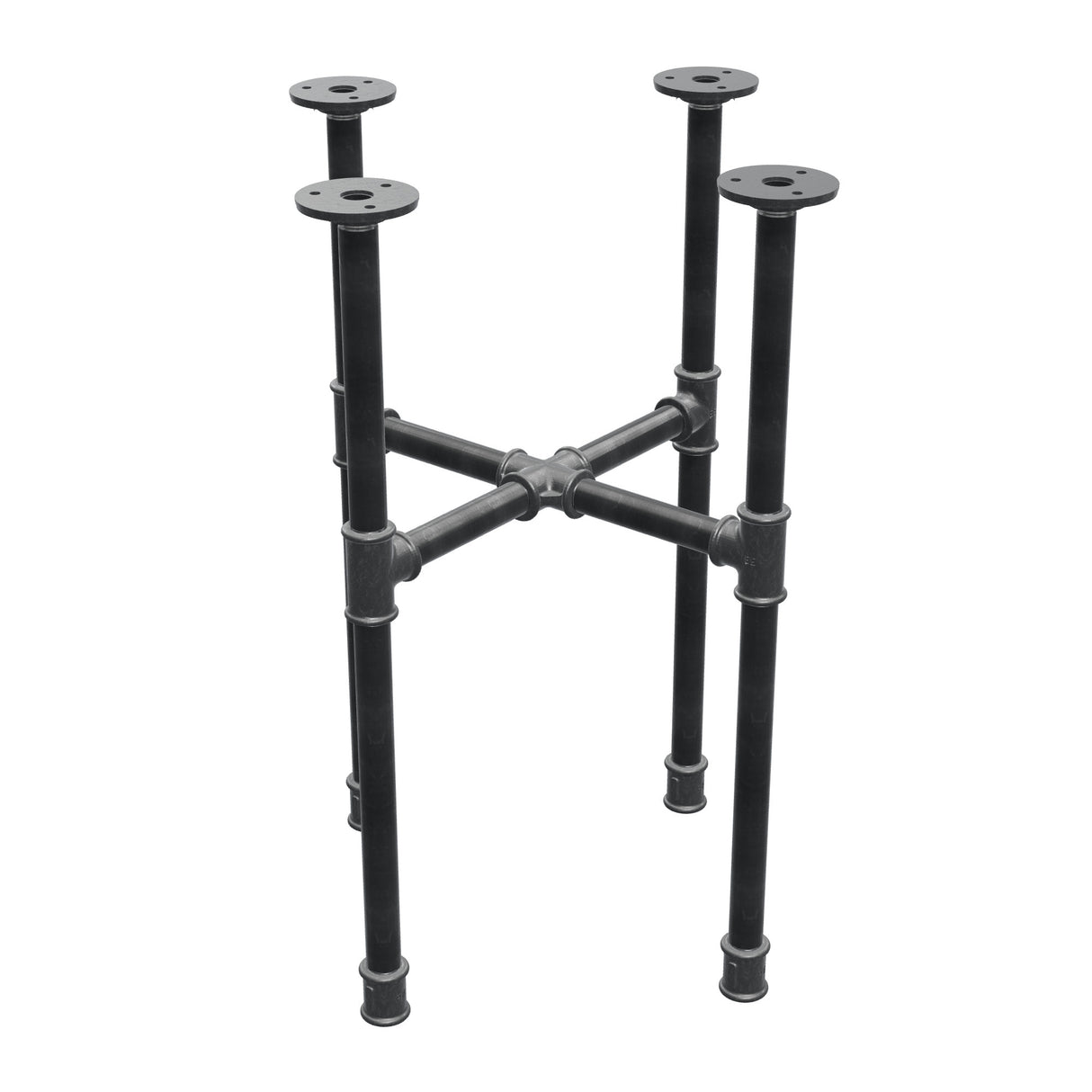 Base de mesa de centro industrial em ferro fundido, pés em cruz, 38 × 38 cm, altura 52 cm, vista de três quartos