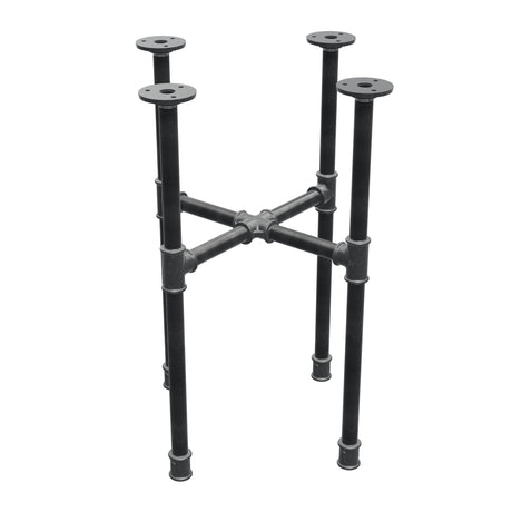 Base de mesa de centro industrial em ferro fundido, pés em cruz, 38 × 38 cm, altura 52 cm, vista de três quartos