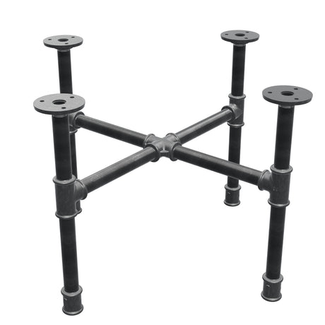 Base de mesa de centro industrial em ferro fundido, pés em cruz, 48 × 48 cm, altura 32 cm, vista de três quartos