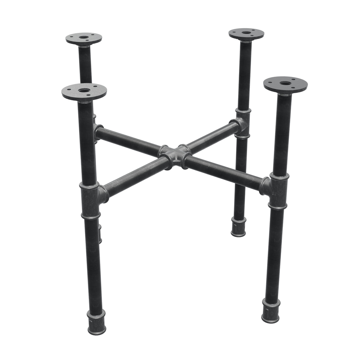 Base de mesa de centro industrial em ferro fundido, pés em cruz, 48 × 48 cm, altura 42 cm, vista de três quartos
