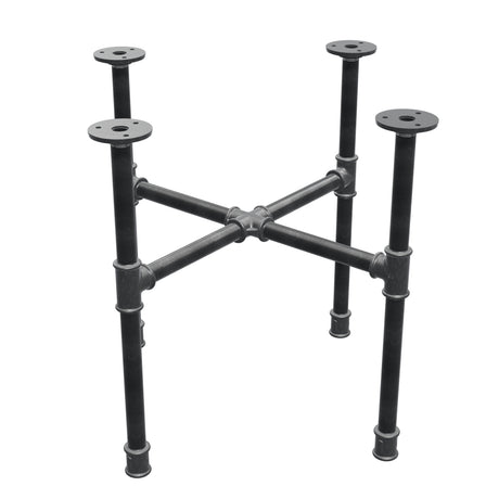 Base de mesa de centro industrial em ferro fundido, pés em cruz, 48 × 48 cm, altura 42 cm, vista de três quartos