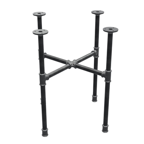 Base de mesa de centro industrial em ferro fundido, pés em cruz, 48 × 48 cm, altura 52 cm, vista de três quartos
