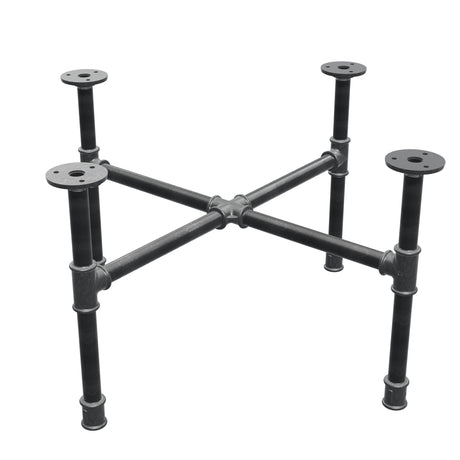 Base de mesa de centro industrial em ferro fundido, pés em cruz, 58 × 58 cm, altura 32 cm, vista de três quartos