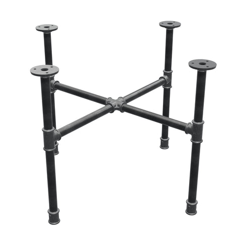 Base de mesa de centro industrial em ferro fundido, pés em cruz, 58 × 58 cm, altura 42 cm, vista de três quartos