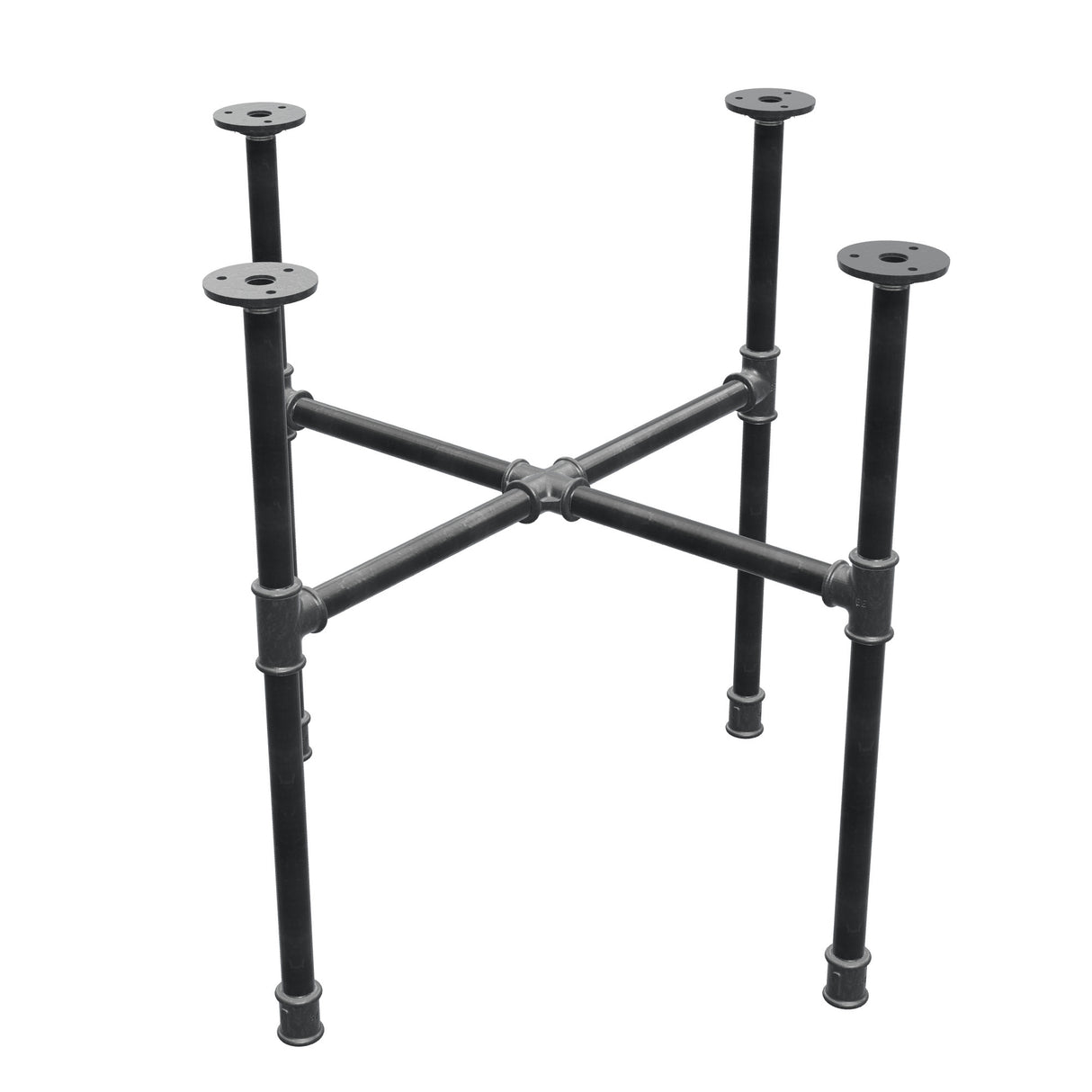 Base de mesa de centro industrial em ferro fundido, pés em cruz, 58 × 58 cm, altura 52 cm, vista de três quartos