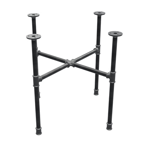 Base de mesa de centro industrial em ferro fundido, pés em cruz, 58 × 58 cm, altura 52 cm, vista de três quartos