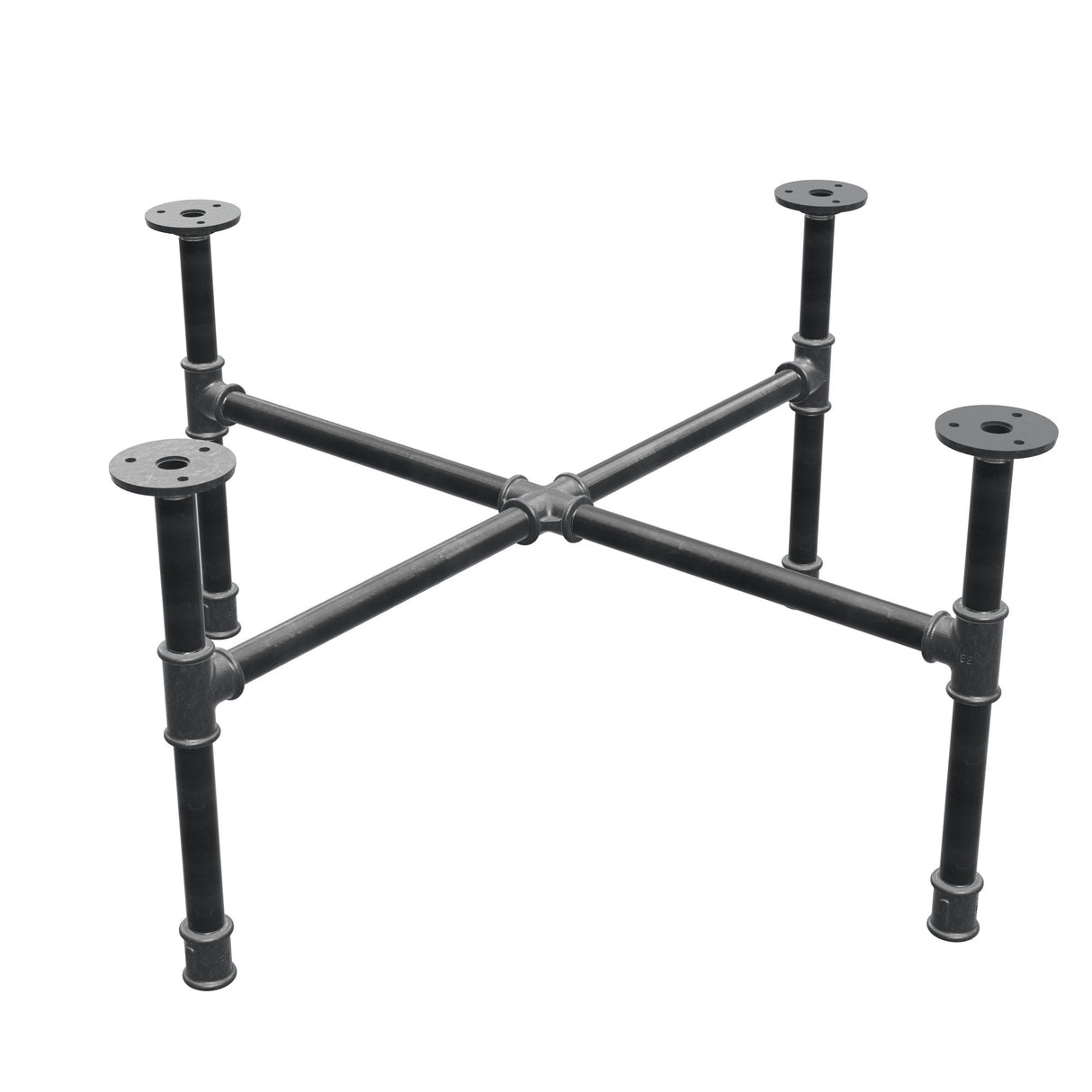 Base de mesa de centro industrial em ferro fundido, pés em cruz, 68 × 68 cm, altura 32 cm, vista de três quartos