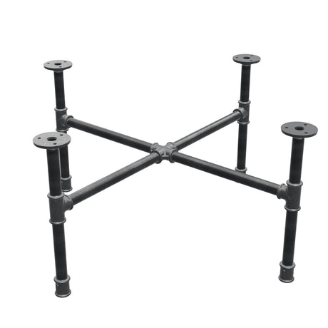 Base de mesa de centro industrial em ferro fundido, pés em cruz, 68 × 68 cm, altura 32 cm, vista de três quartos