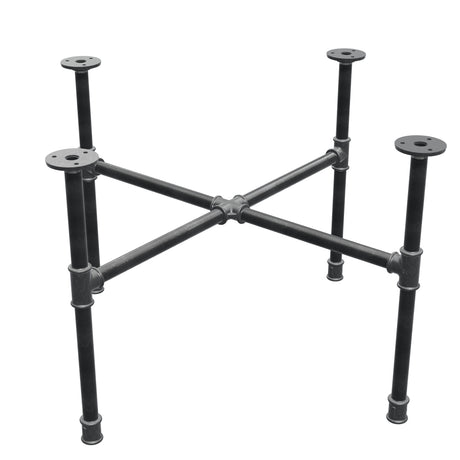 Base de mesa de centro industrial em ferro fundido, pés em cruz, 68 × 68 cm, altura 42 cm, vista de três quartos
