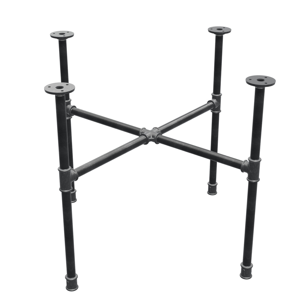 Base de mesa de centro industrial em ferro fundido, pés em cruz, 68 × 68 cm, altura 52 cm, vista de três quartos