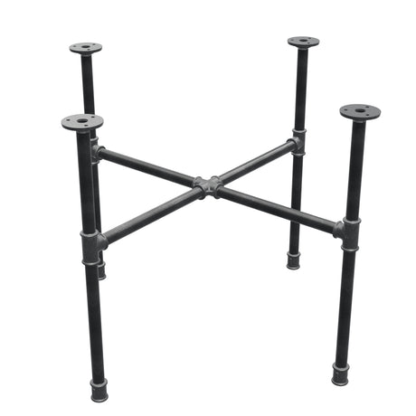 Base de mesa de centro industrial em ferro fundido, pés em cruz, 68 × 68 cm, altura 52 cm, vista de três quartos