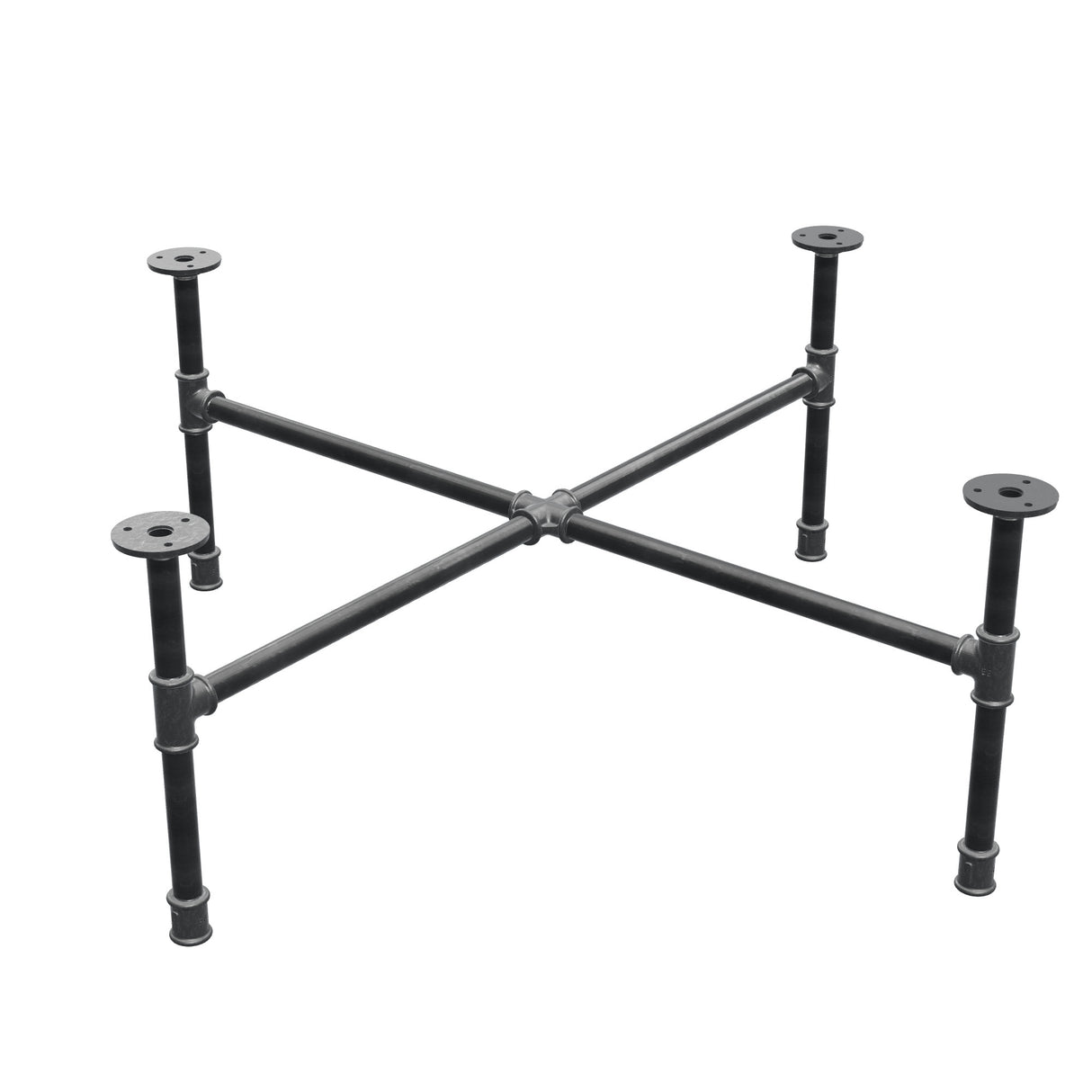 Base de mesa de centro industrial em ferro fundido, pés em cruz, 88 × 88 cm, altura 32 cm, vista de três quartos