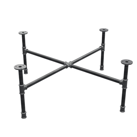Base de mesa de centro industrial em ferro fundido, pés em cruz, 88 × 88 cm, altura 32 cm, vista de três quartos