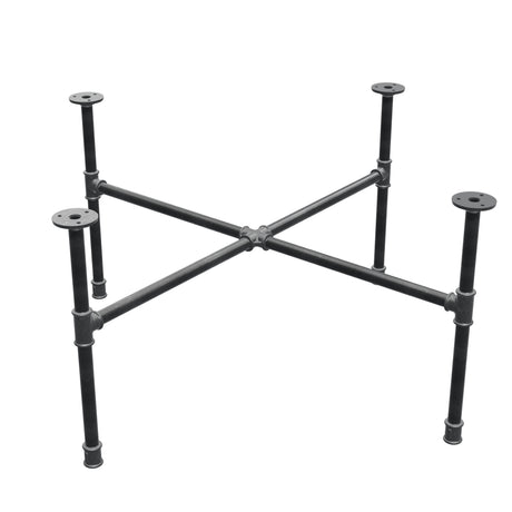 Base de mesa de centro industrial em ferro fundido, pés em cruz, 88 × 88 cm, altura 42 cm, vista de três quartos