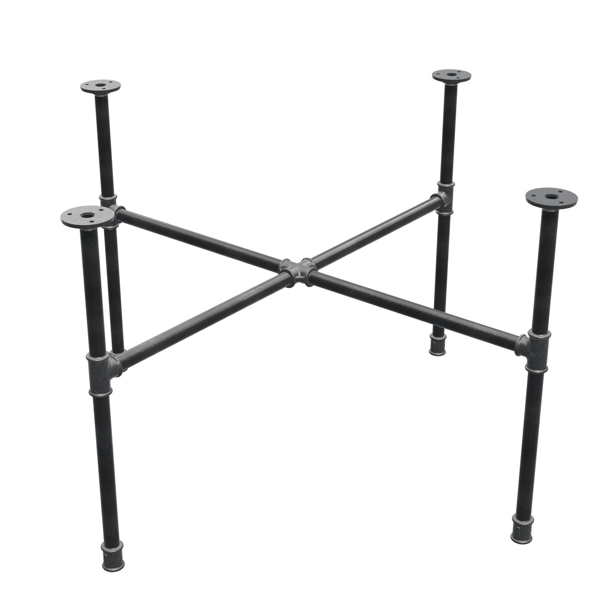 Base de mesa de centro industrial em ferro fundido, pés em cruz, 88 × 88 cm, altura 52 cm, vista de três quartos