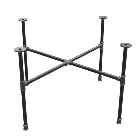 Base de mesa de centro industrial em ferro fundido, pés em cruz, 88 × 88 cm, altura 52 cm, vista de três quartos