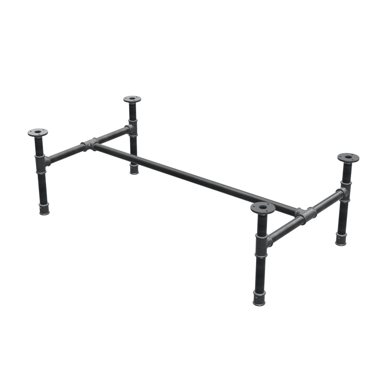 Base de mesa de centro industrial em ferro fundido, em H, 101 × 55 cm, altura 32 cm, vista de três quartos