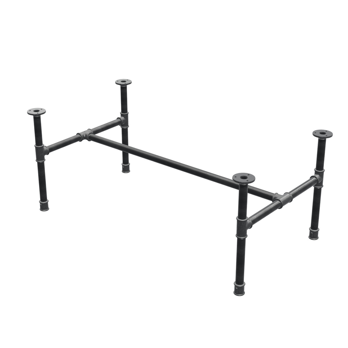 Base de mesa de centro industrial em ferro fundido, em H, 101 × 55 cm, altura 42 cm, vista de três quartos