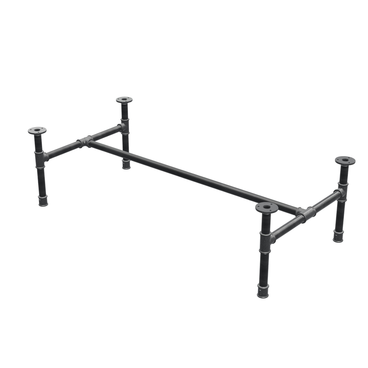 Base de mesa de centro industrial em ferro fundido, em H, 111 × 55 cm, altura 32 cm, vista de três quartos