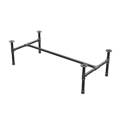 Base de mesa de centro industrial em ferro fundido, em H, 111 × 55 cm, altura 32 cm, vista de três quartos