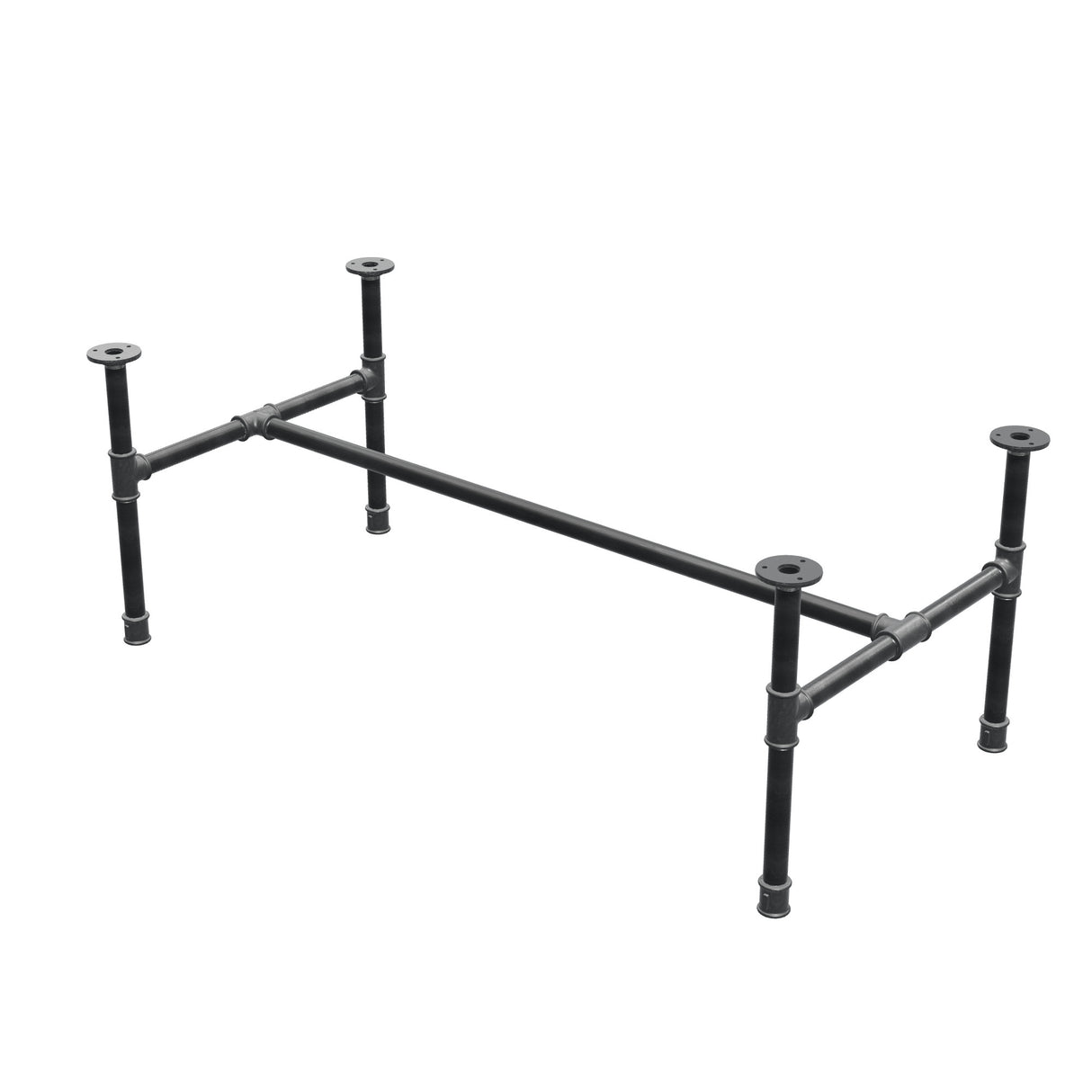 Base de mesa de centro industrial em ferro fundido, em H, 111 × 55 cm, altura 42 cm, vista de três quartos